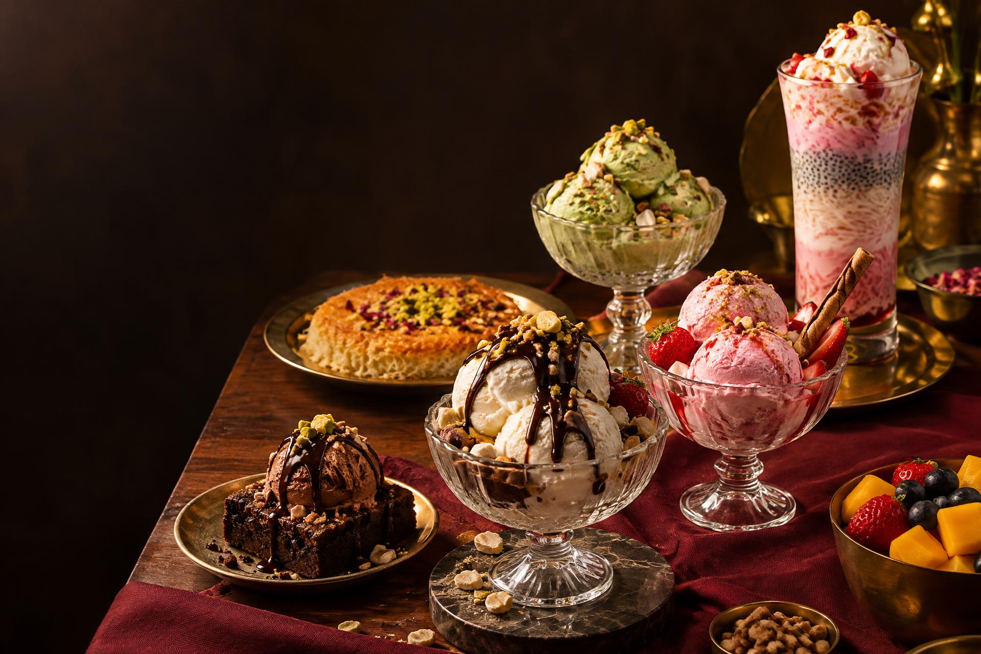 A luxurious table of V Sundaes ice cream, falooda, kunafa and chocolate desserts